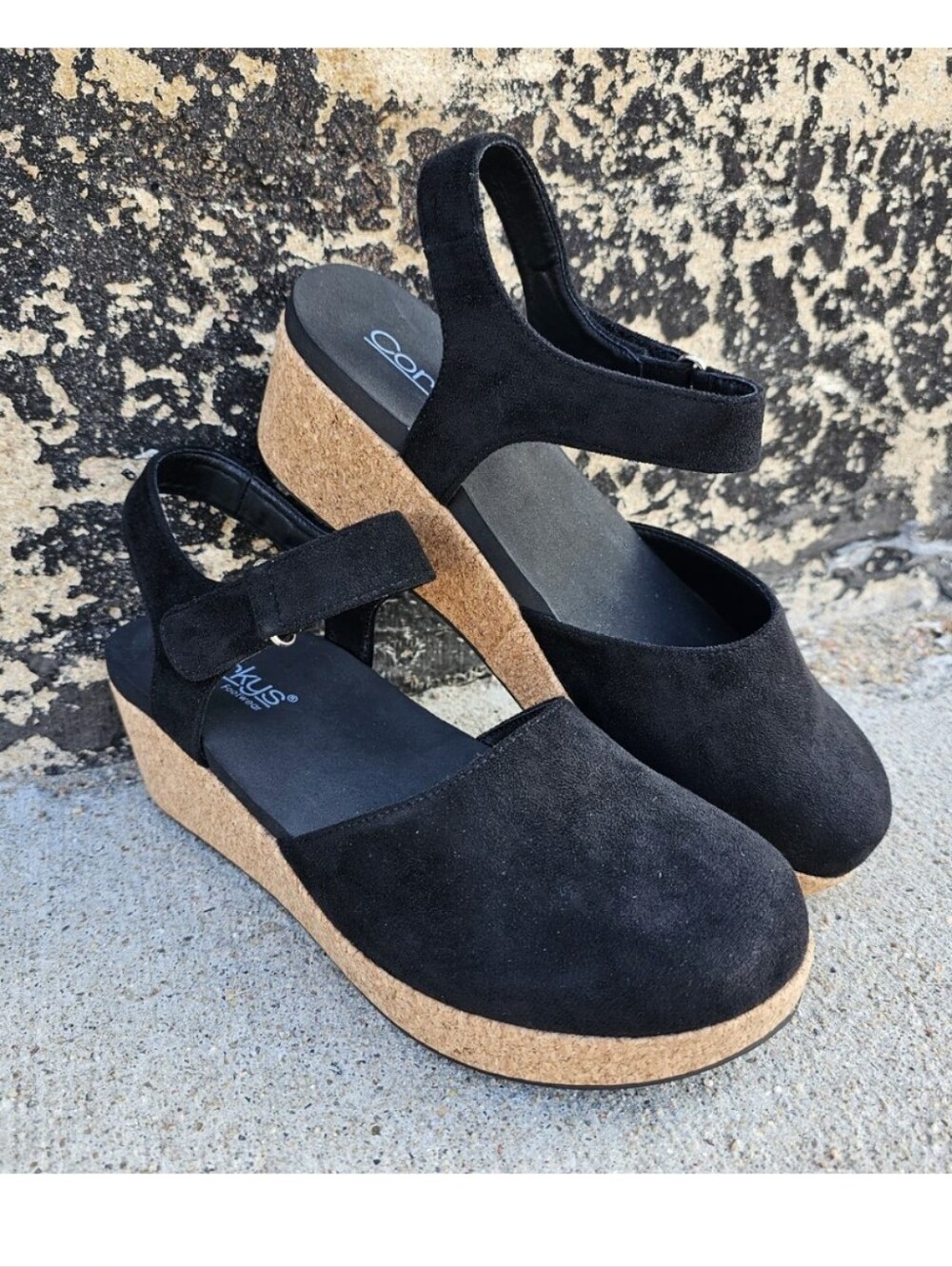 Corkys "All In" Black Faux Suede Cork Wedge Sandals